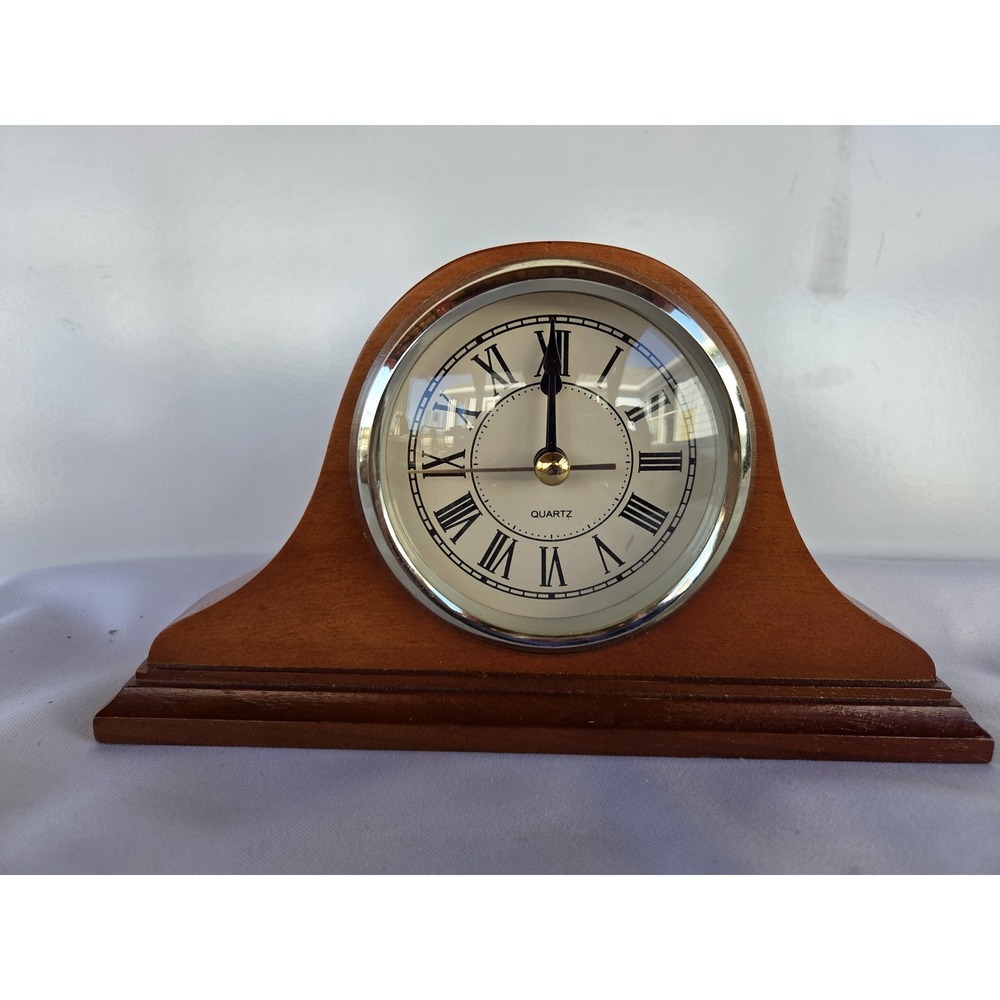 Vintage Brown Wood Mantel Clock Quartz Roman Numerals Arched Shelf Desk Clock